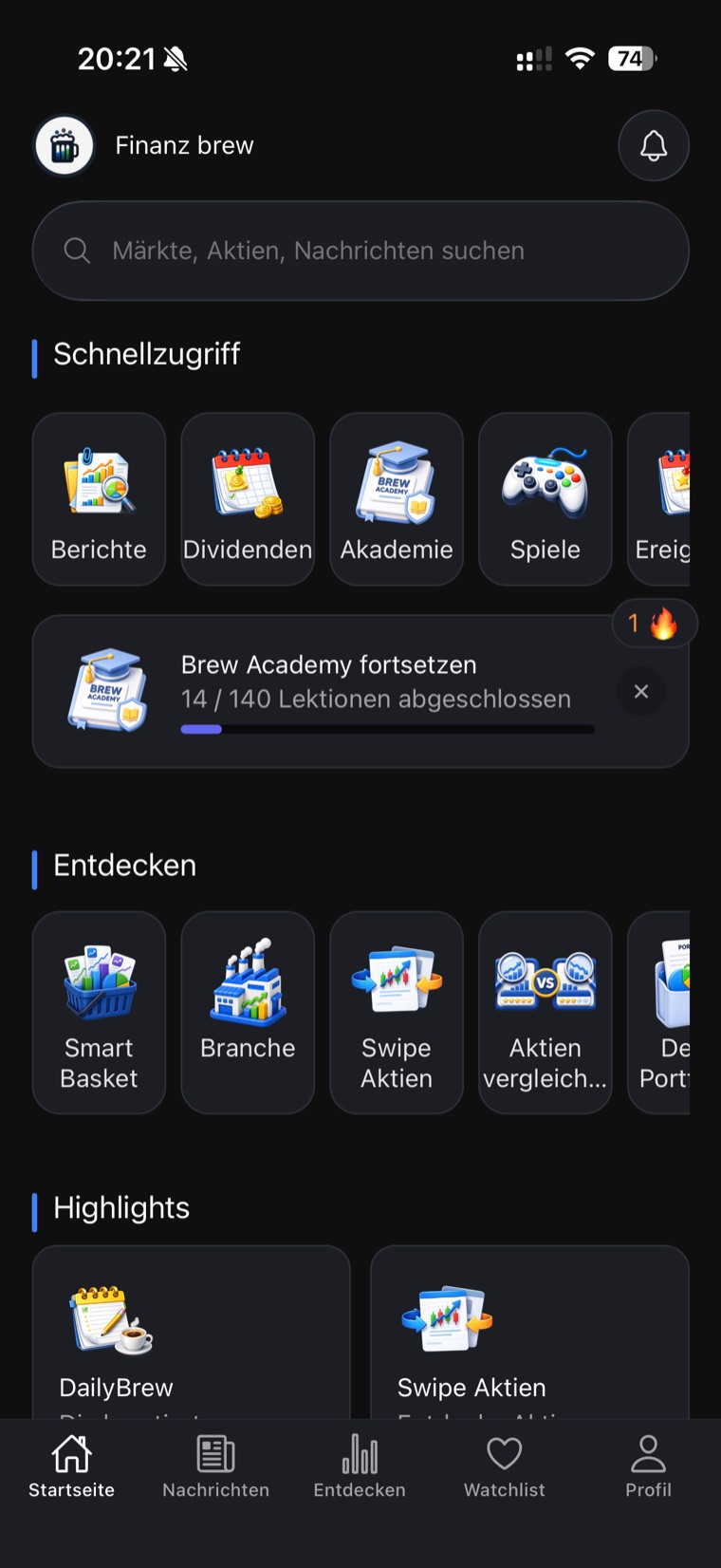 Finanzbrew Home screen